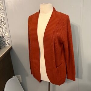 Burnt Rust Orange Open Front Waffle Knit Cardigan Long Sleeve Pockets (Womens L)